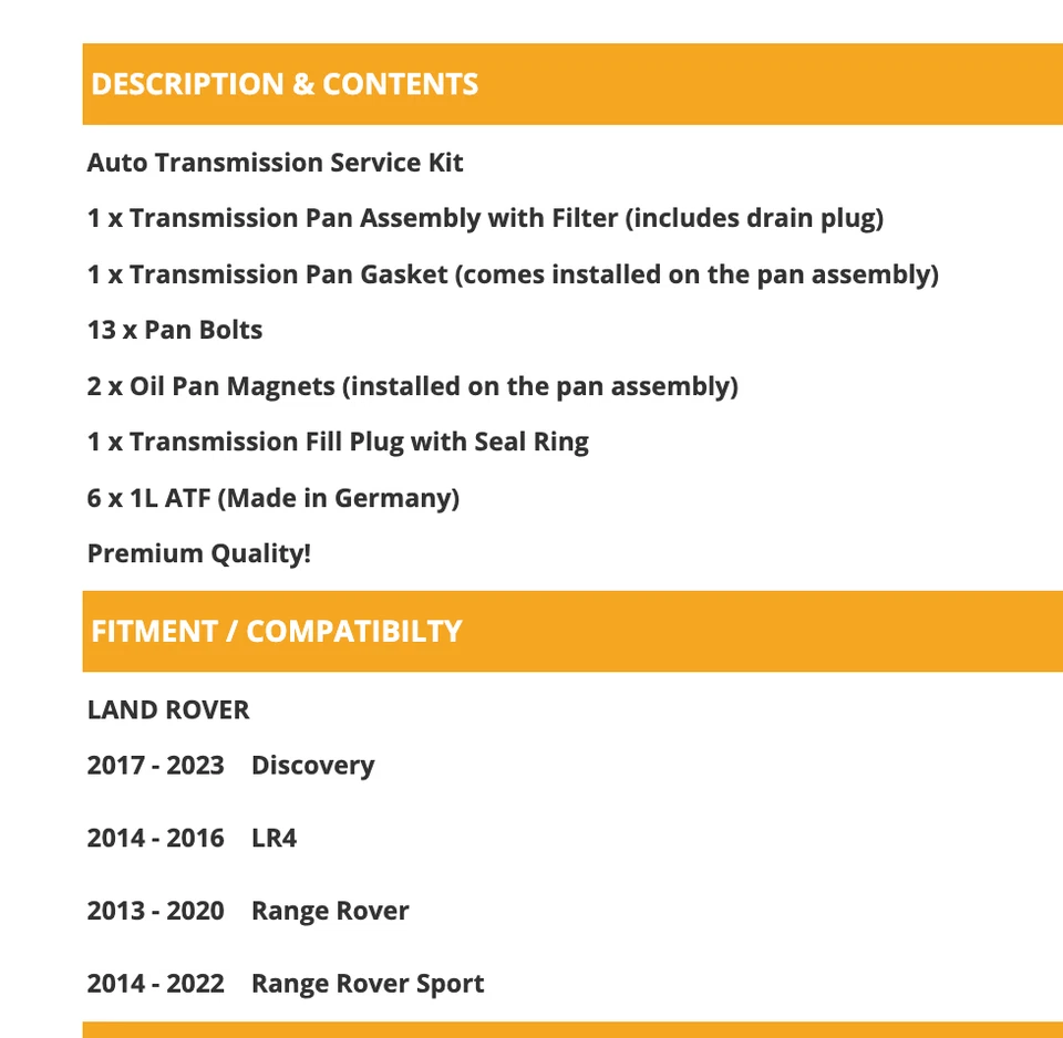 Kit de serviço Auto Trans + 6L ATF para Land Rover LR4, Range Rover (2014+) - Imagem 2 de 2