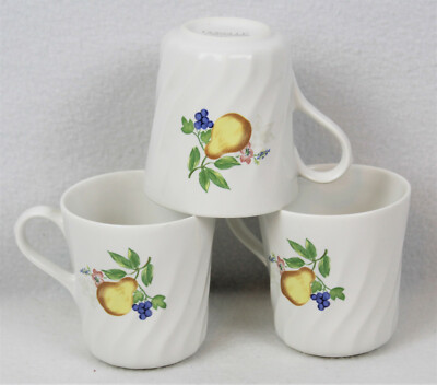 Set of 3 Corelle Coordinates Stoneware Mugs CHUTNEY White Fruit Apples Pear 8oz