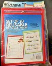 New Dry Erase Pocket Muticolored Reusable Set of 20 Clear Sleveves 9 x 12