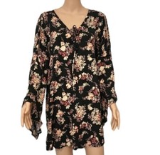 Chelsea & Violet Casual Shift Black Floral Bell Sleeve Rayon Dress Size L Large