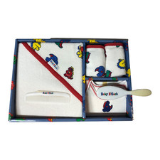 Vtg Baby Oshkosh B'Gosh Layette Gift Red Blue Yellow Dinosaurs Hooded Towel READ