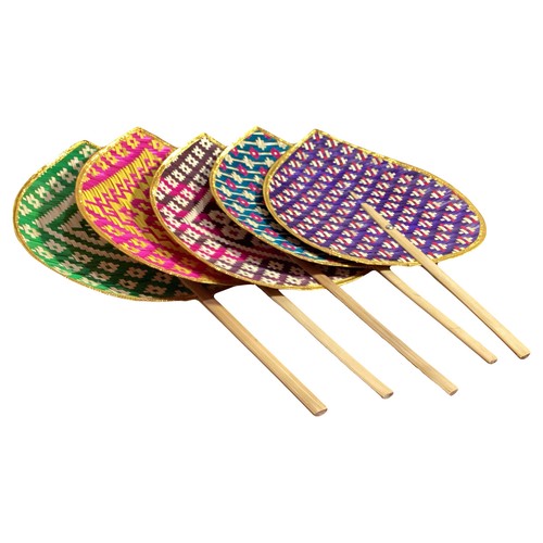 bamboo weave fan set5 gold fabric hem Bodhi shape cultural Thai gift souvenir - Picture 5 of 10