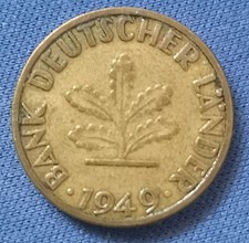 5 pfennig 1949 PR&Auml;GESTEMPEL  J  , BANK DEUTSCHER L&Auml;NDER , GUTER ZUSTAND