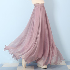 Ladies Chiffon Long Skirt Pleated Swing Boho A-line Ruffle Dress Plain Layered