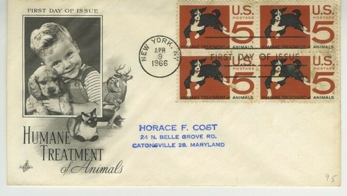Humane Treatment Animals FDC 1966 Artcraft Cachet Cover Scott 1307 5c Block S18