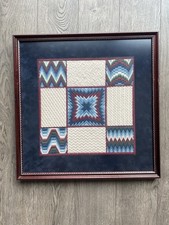 Vintage 1990&rsquo;s Hand stitched Framed needlepoint Signed Folk Art wall art 18&rdquo;X18&rdquo;