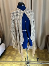 Antique 1920  s Art Deco Bone Color Silk Ribbon woven Fringe Shawl Preowned