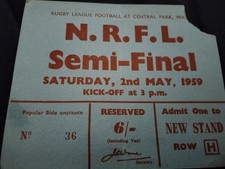 RARE MATCH TICKET 1959 CHAMPIONSHIP PLAY OFF SEMI FINAL WIGAN V HUNSLET 2ND MAY