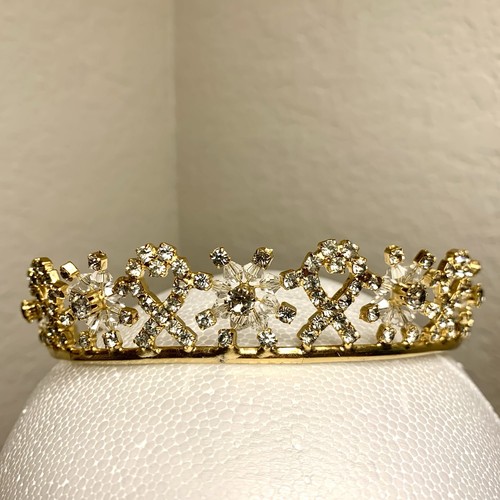 Vtg Small Rhinestone Gold Crystal Tiara For Quinceañera, Prom, Wedding