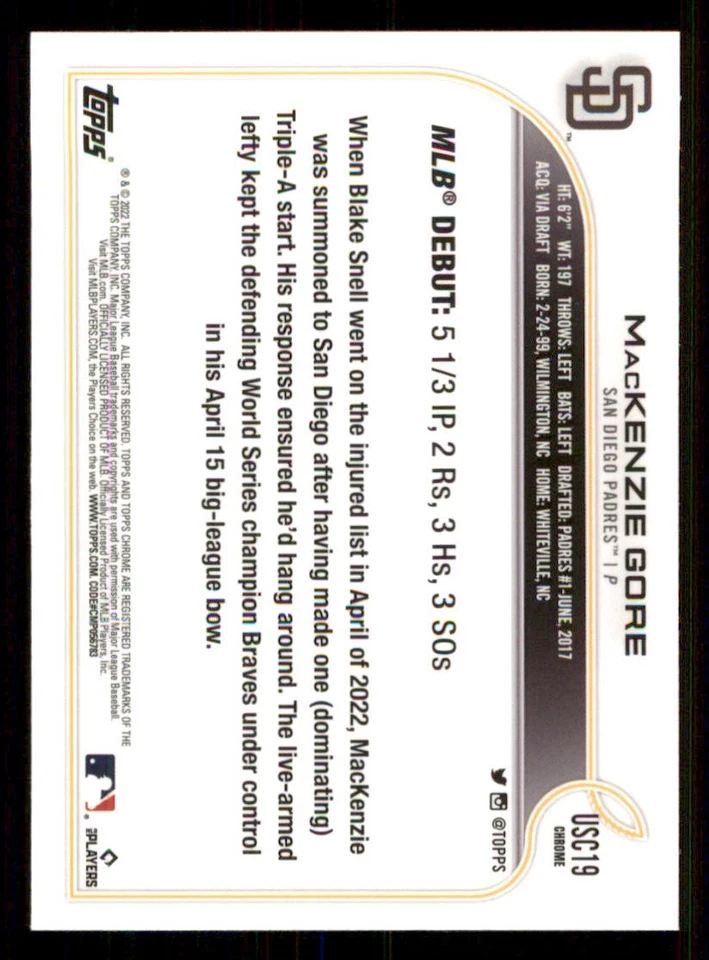 2022 Topps Chrome Update Purple Refractors #USC19 MacKenzie Gore - Image 2 of 2