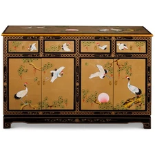 US SELLER - Hand Painted Gold Leaf Crane Oriental Sideboard
