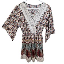 Boho Paisley Floral Crochet Lace V-Neck Bell Sleeve Mini Dress Multicolor