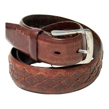 Brighton Mens Leather Belt Brown Diamond Tooled Design Silvertone M21185 Sz 34
