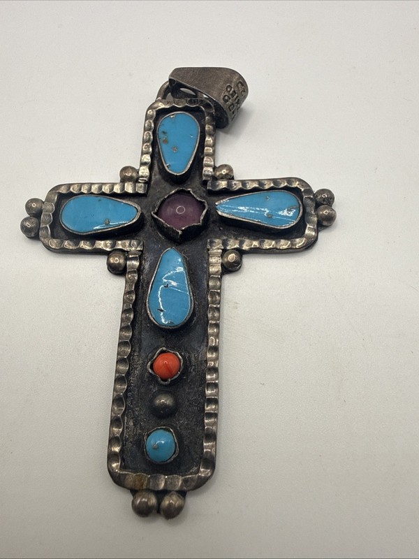 Cross Pendant Necklace Turquoise Coral Inlays Vintage Mexican 925 Silver