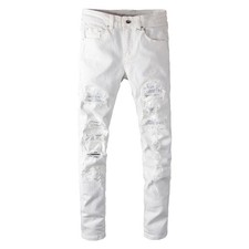 NWT / DSCRV DESTRUCTIVE Men's White Crystal Patchwork Ripped Jeans - 34 x 31