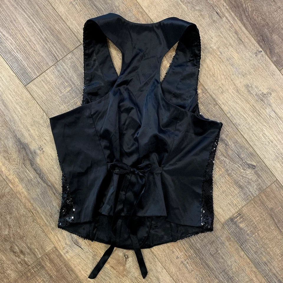 Cabaret Nightlife BLACK SEQUIN VEST Women's XL Silky Tie Back Whimigoth Coquette - Image 3 of 3