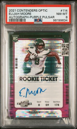 2021 Panini Contenders Optic #114 Elijah Moore Purple Pulsar Auto #/21 PSA 8