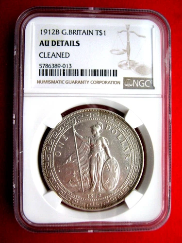 China 1912B British Hong Kong Trade One Dollar Silver Mintmark B NGC AU DETAILS