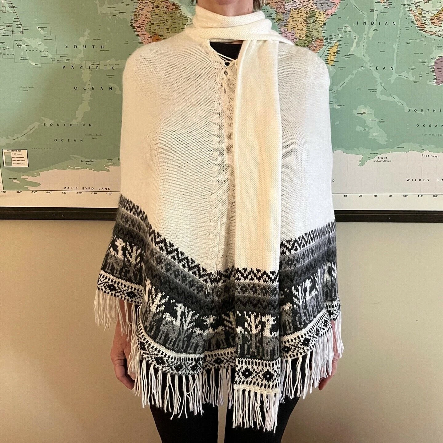 Peru Black and White Poncho with Attached Tie - One Size