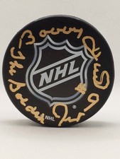 Bobby Hull Chicago Blackhawks signed NHL shield puck inscribed The Golden Jet