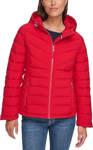 Tommy Hilfiger Women's Quilted Hooded Packable Coat Puffer Jacket M Crimson Red - Foto 2 di 6
