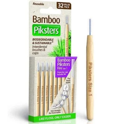 Piksters Bamboo Interdental Brush - Size 1 Purple - 32 Brushes Per Pack
