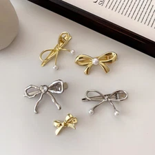 Golden Silver Bowknot Hairpin Duckbill Clip Bangs Side Clip Metal Pearl Bow Cute