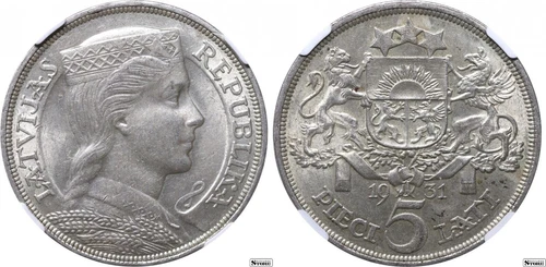 1931 Latvia Albert Kviesis 5 Lats Silver Coin NGC AU 58