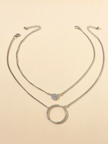 2 pcs Gold Silver Chain Rhinestone Round Circle Pendant Necklace Jewellery Gift - Picture 17 of 18