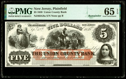 PMG GEM 65 EPQ 1859 New Jersey, Plainfield Union County Bank $5 - Picture 2 of 3