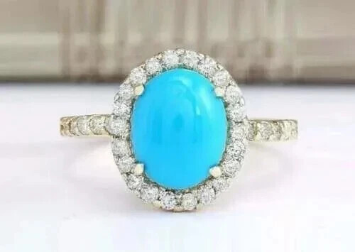 2Ct Oval Cut Lab-Created Turquoise Women's Wedding Ring 14K White Gold Finish - Picture 2 of 3