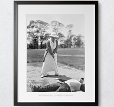 Woman Golfing On Top of Man Funny Vintage Golf 1900s Premium Art Print