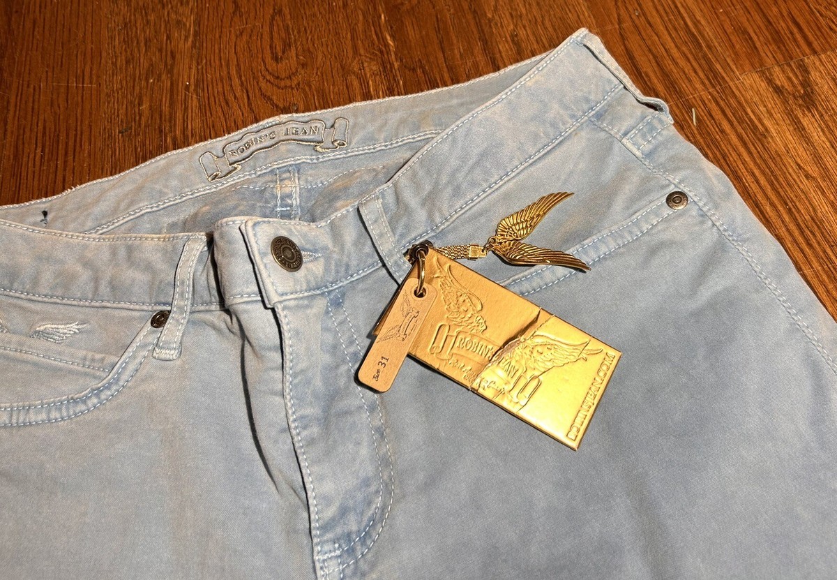 Robins Jeans Blue White Rhinestone Studs Metal Rivets Long