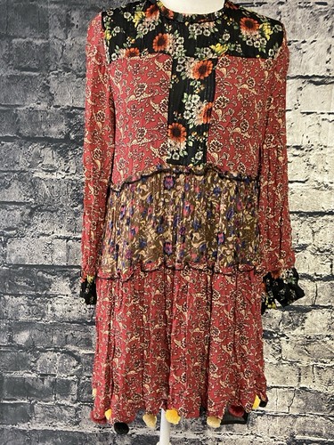 Zara Womens Dress Red Floral Patchwork Tiered Pompom Semi Sheer Peasant Boho