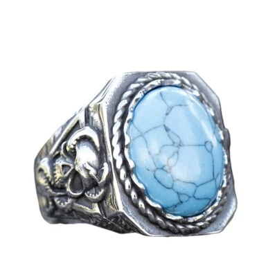 BAGUE TETE DE MORT PIERRE BLEU TURQUOISE CHEVALIERE BIKER GOTIK MODE HARLEY - Photo 1/4