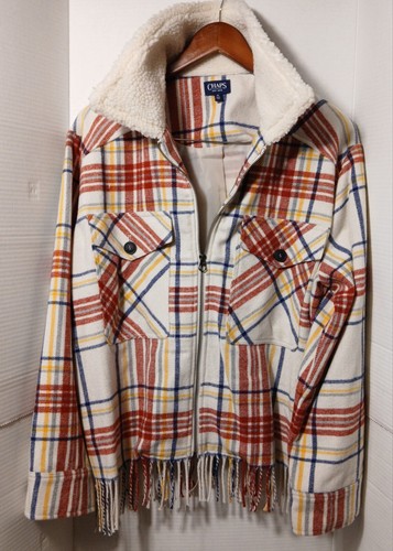 CHAPS W XL Fringe Plaid Jacket 4 pkts fleece collar wool Blend SOFT Equestrian - Picture 10 of 13