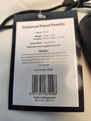 Snugpak Enhanced Patrol Poncho WGTE 100% Waterproof Covering Backpack Black - Imagen 5 de 8