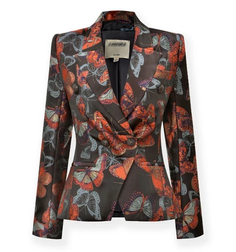 Damen L'AGENCE Jacquard Schmetterling Zweireiher Blazer Jacke Mantel Schwarz Multi - Bild 3 von 16