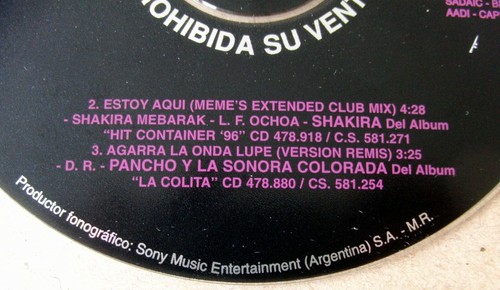 SHAKIRA Estoy Aquí (Meme's Extended Club Mix) ARGENTINA PROMO CD 1996 Ortega - Picture 2 of 3