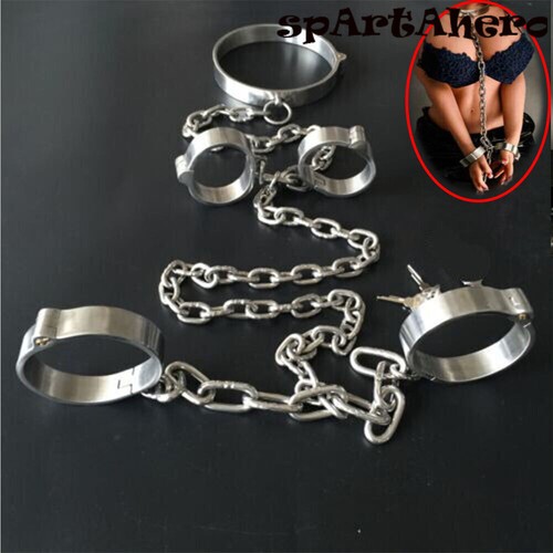 Stainless Steel Neck Collar with Chain Wrist HandAnkle Cuffs Leg Spreader Slave - Picture 8 of 29