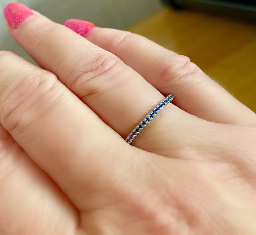 Blue CZ Silver Plated Eternity Ring Women- Size O -Elegant Gift/Formal & Casual - Picture 3 of 3