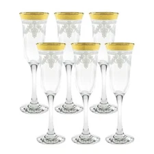 Elegant Modern Glass Made Drinkware - 9 oz. Flutes, Set of 6, Stencil Gold Band