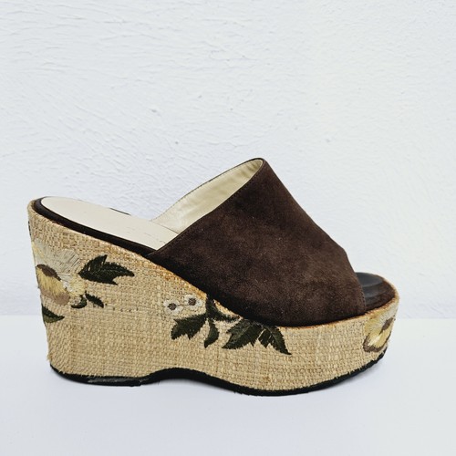 RUSSELL & BROMLEY Size UK 3 Pellame Brown Suede Embroided Wedge Sandals Boxed - Picture 2 of 24