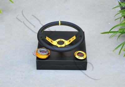 350mm/13.5'' Gold Spoke PVC Leather Deep Dish Steering Wheel + Quick Release Kit
