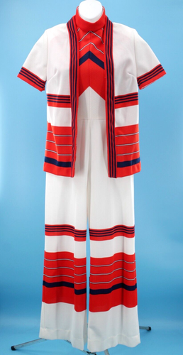 Vtg Women's 70s 2 Pc Red & White Striped Jumpsuit W/ Matching Shirt S/M 1970s