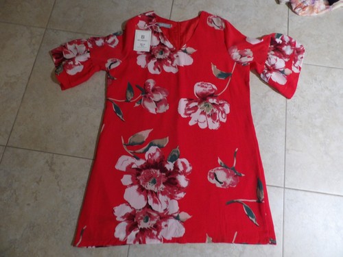 Belongsci Woman's Size XL 3/4 Ruffle Sleeves Big Floral Red A-line Dress NWOT