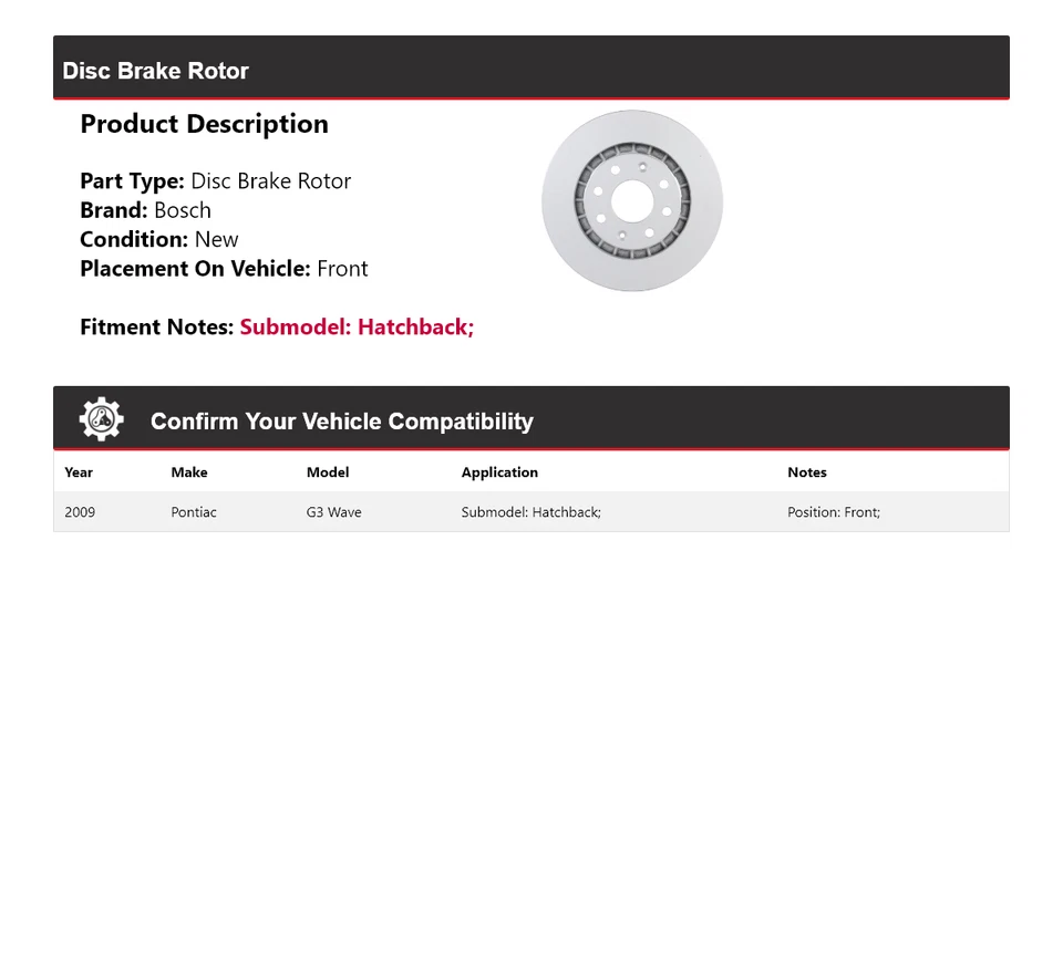 Rotor de freno de disco delantero para Pontiac G3 Wave Hatchback Bosch QuietCast 2009 Foto 2 de 4