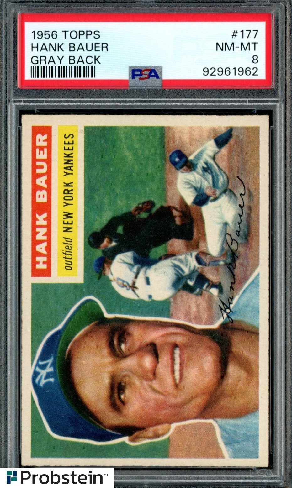 1956 Topps Baseball Grey Back #177 Hank Bauer New York Yankees PSA 8 NM-MT