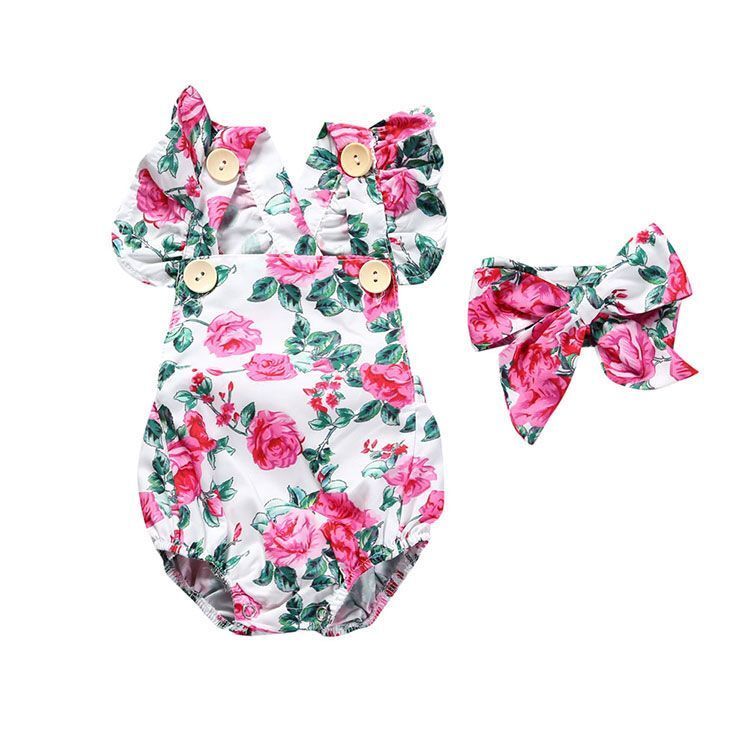 Floral Bodysuit Scarf- Cotton Fabric Infant Summer Women Clothes Sleeveless 0-12-image