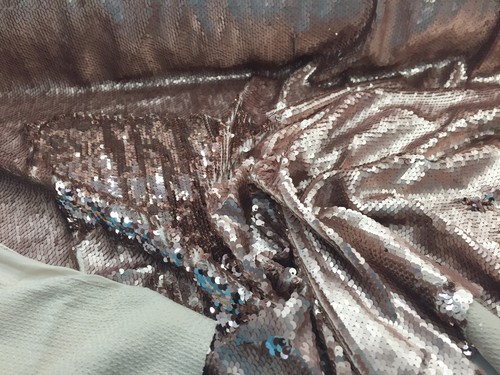 Matt Gold/shinny Rose Gold Mermaid Fish Scales-2 Way Stretch Lycra-2 Tone Sequin - Picture 8 of 12